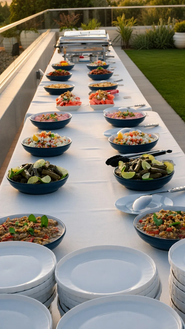 Event photo: rows of salads, dolma and dips in blue bowls