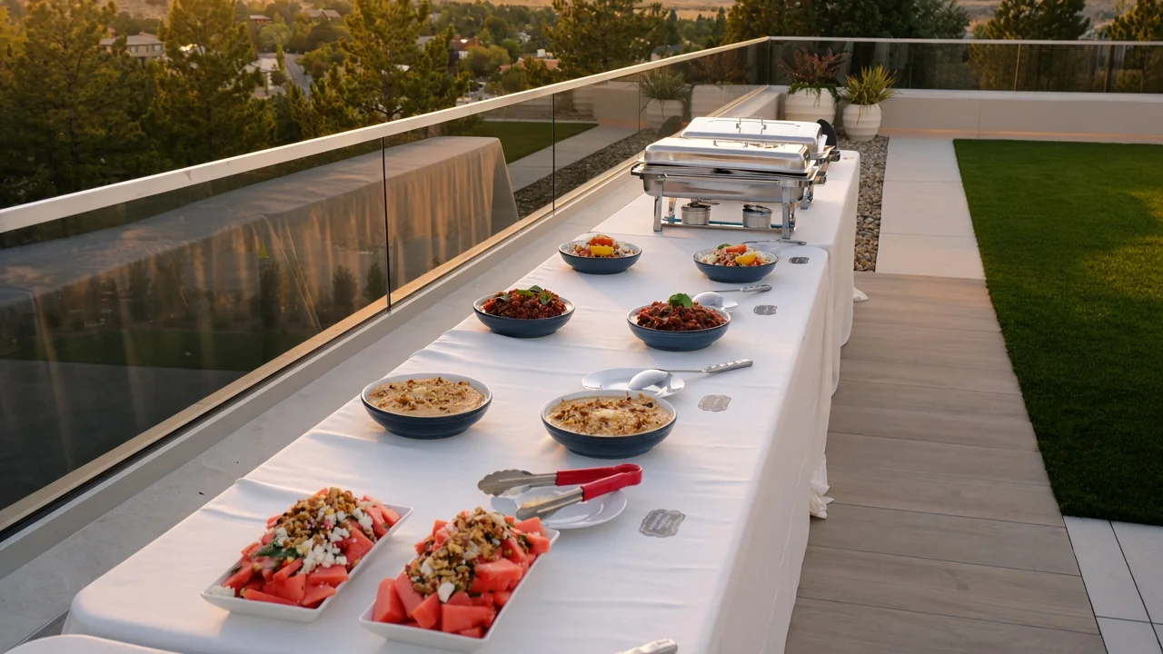 Event photo: a long buffet of meze bowls on a rooftop at sunset
