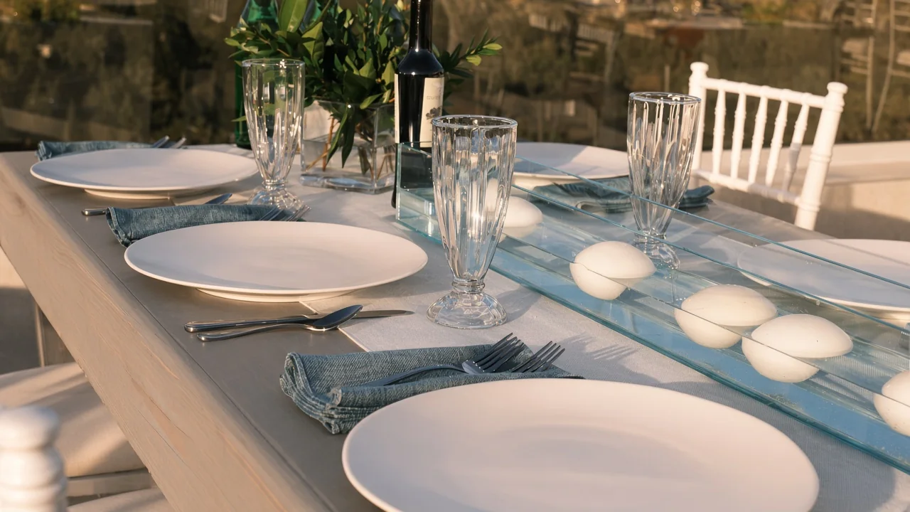Event photo: a set table with plates, glasses and blue napkins
