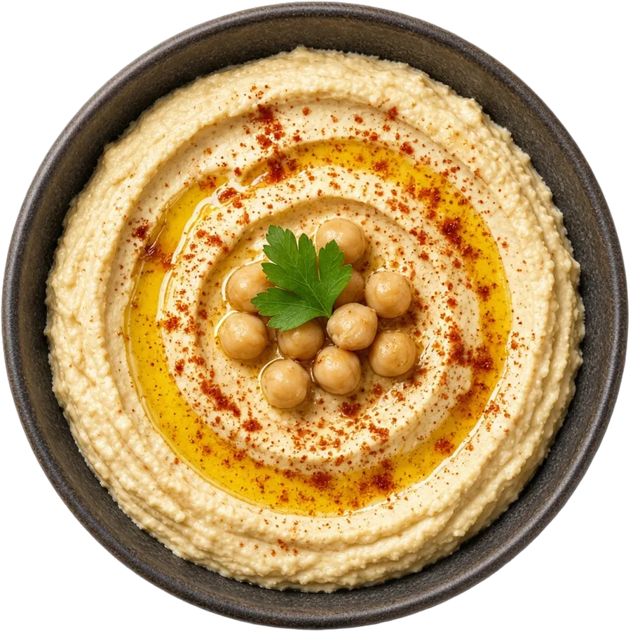 Illustration: hummus with olive oil and paprika, seen from above