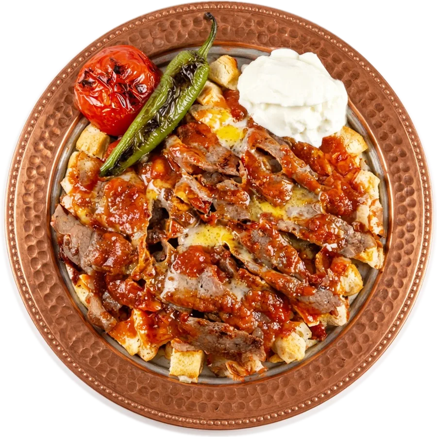 Illustration: iskender on a copper plate, seen from above